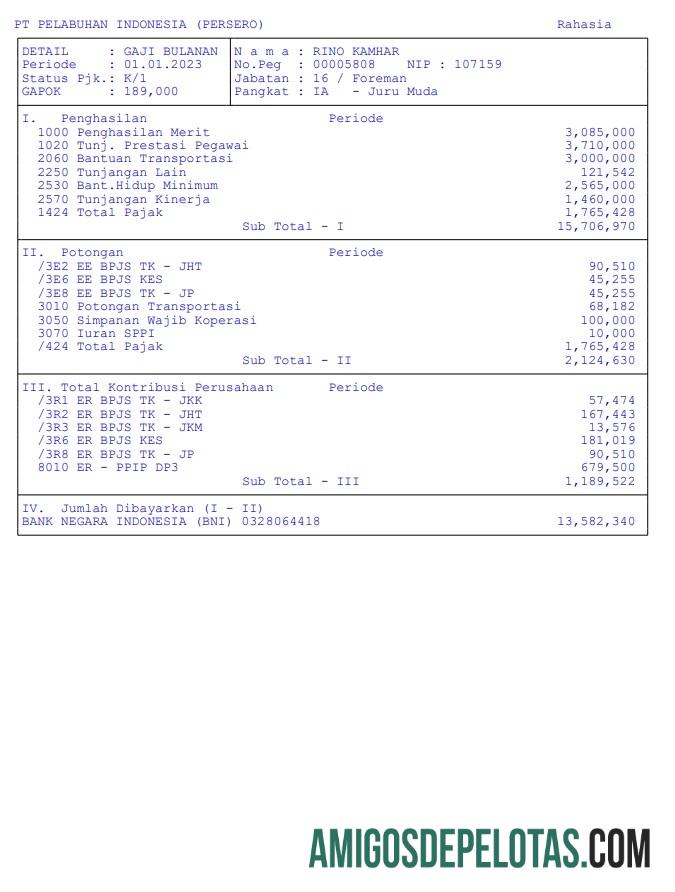 PT Pelabuhan Indonesia (Persero) Recibo de pagamento em formatos PDF e Word exemplo real